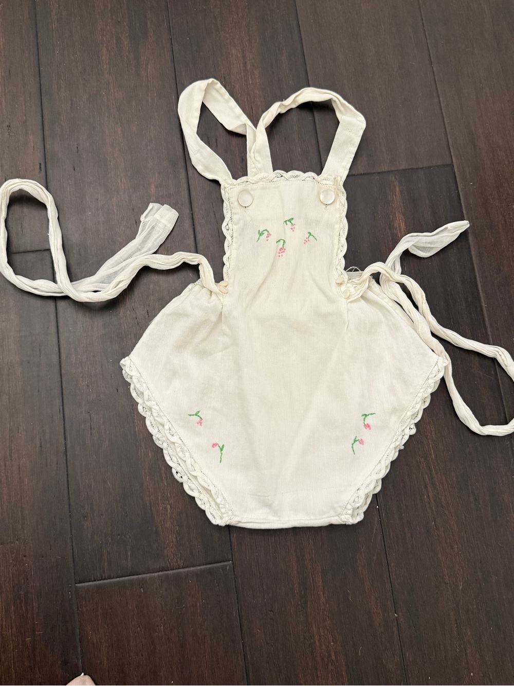Vintage Cream Apron-Style One-Piece with Pink Floral Embroidery
